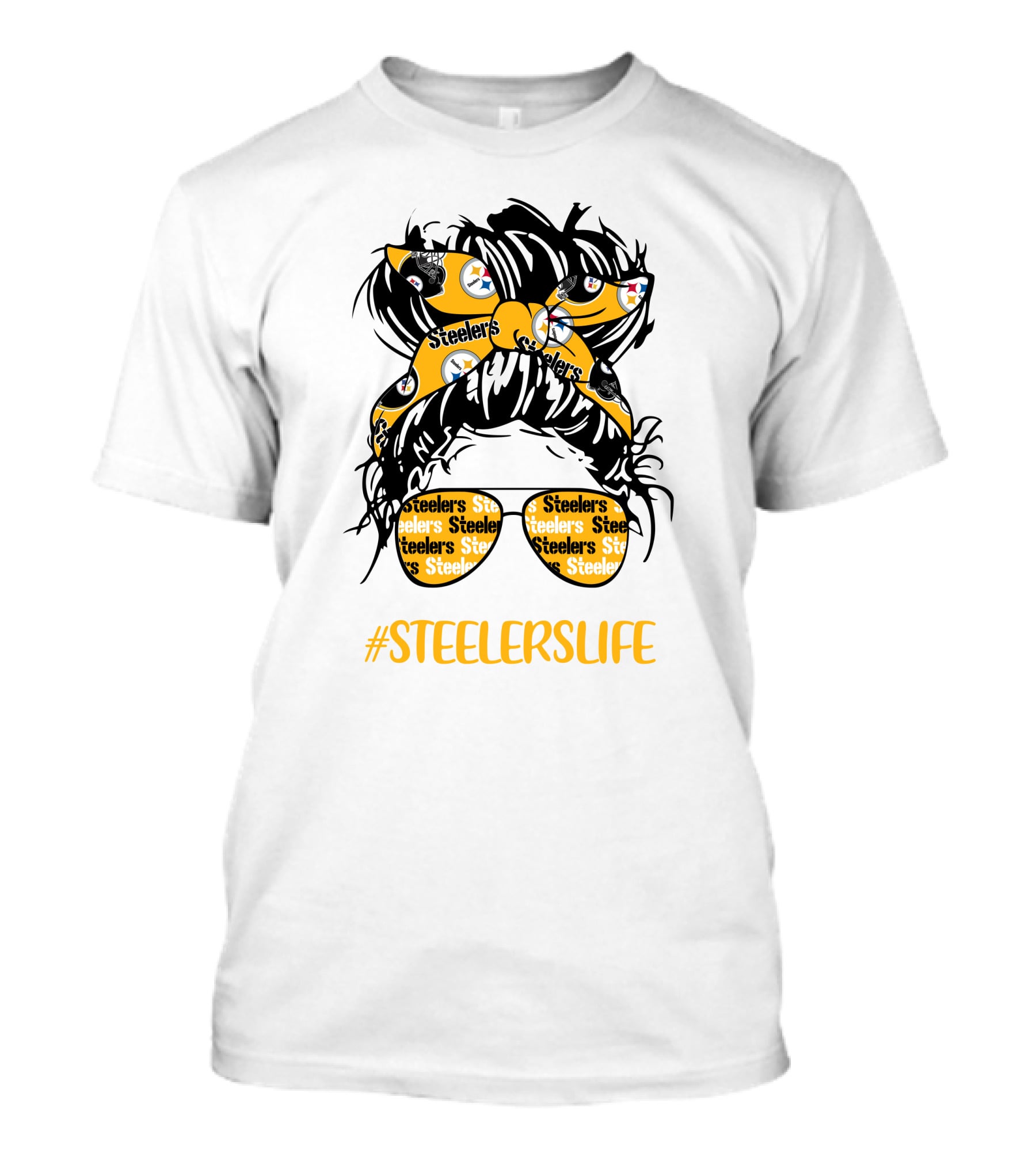 SteelersLife Messy Bun Girl With Steelers Headband And Glasses T-Shirt