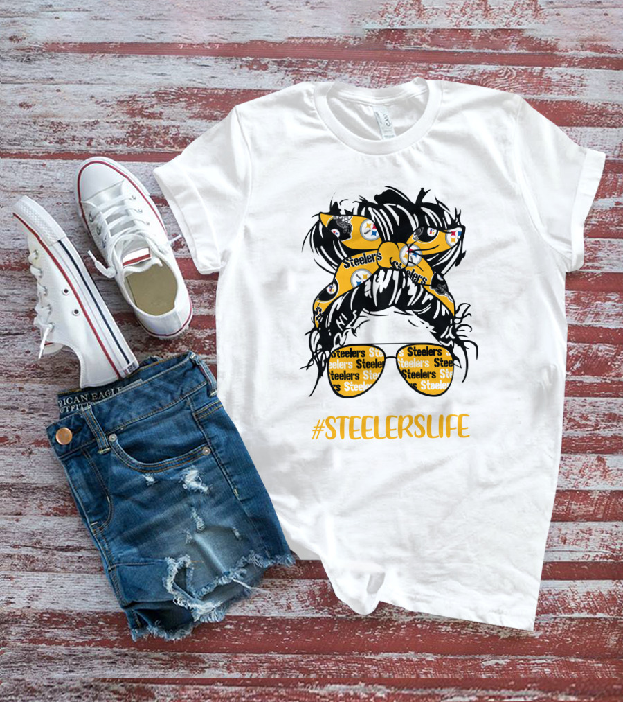 SteelersLife Messy Bun Girl With Steelers Headband And Glasses T-Shirt