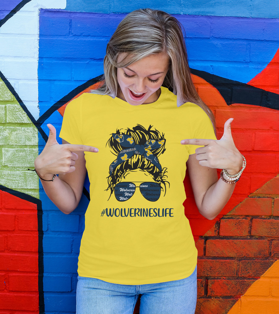 Michigan Wolverines Life Messy Bun Girl Headband Glasses Wolverines T-Shirt