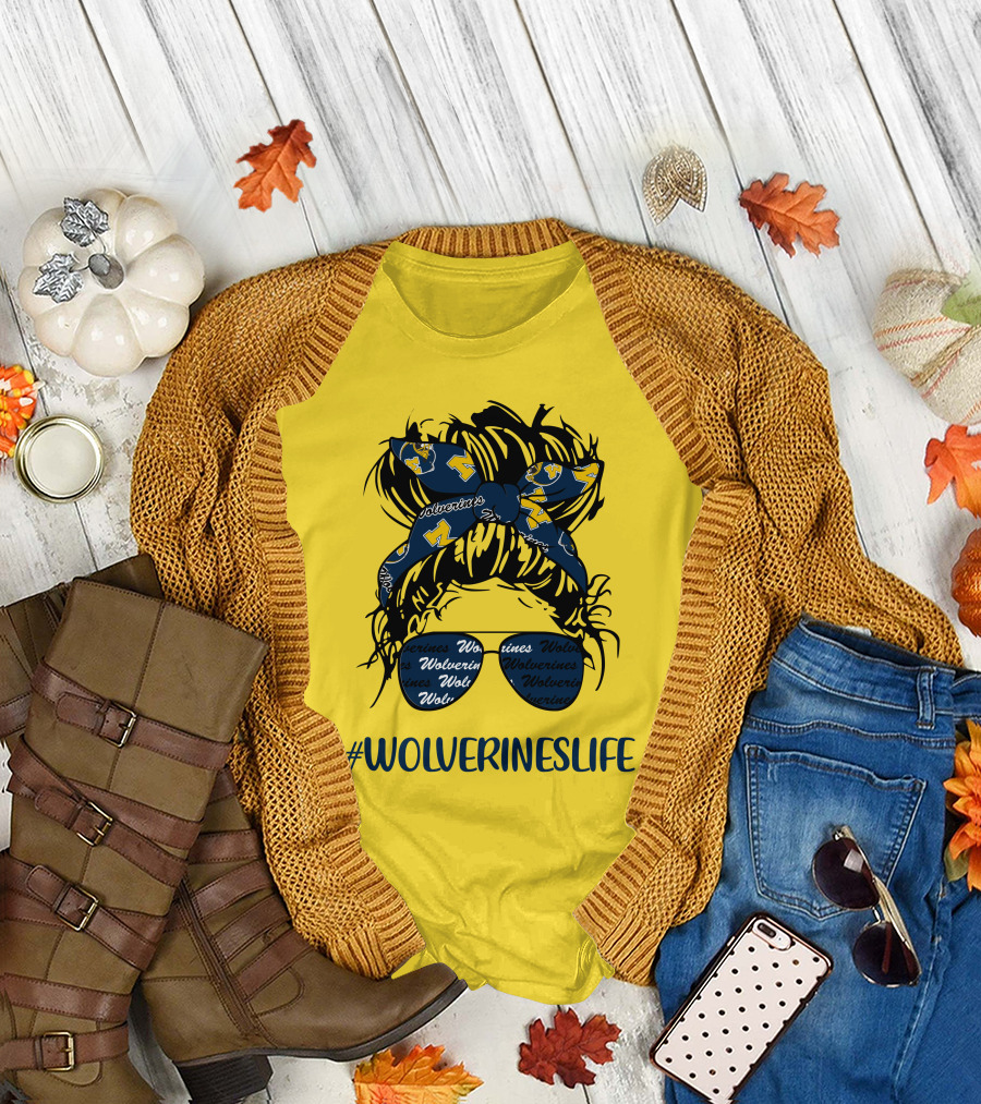Michigan Wolverines Life Messy Bun Girl Headband Glasses Wolverines T-Shirt