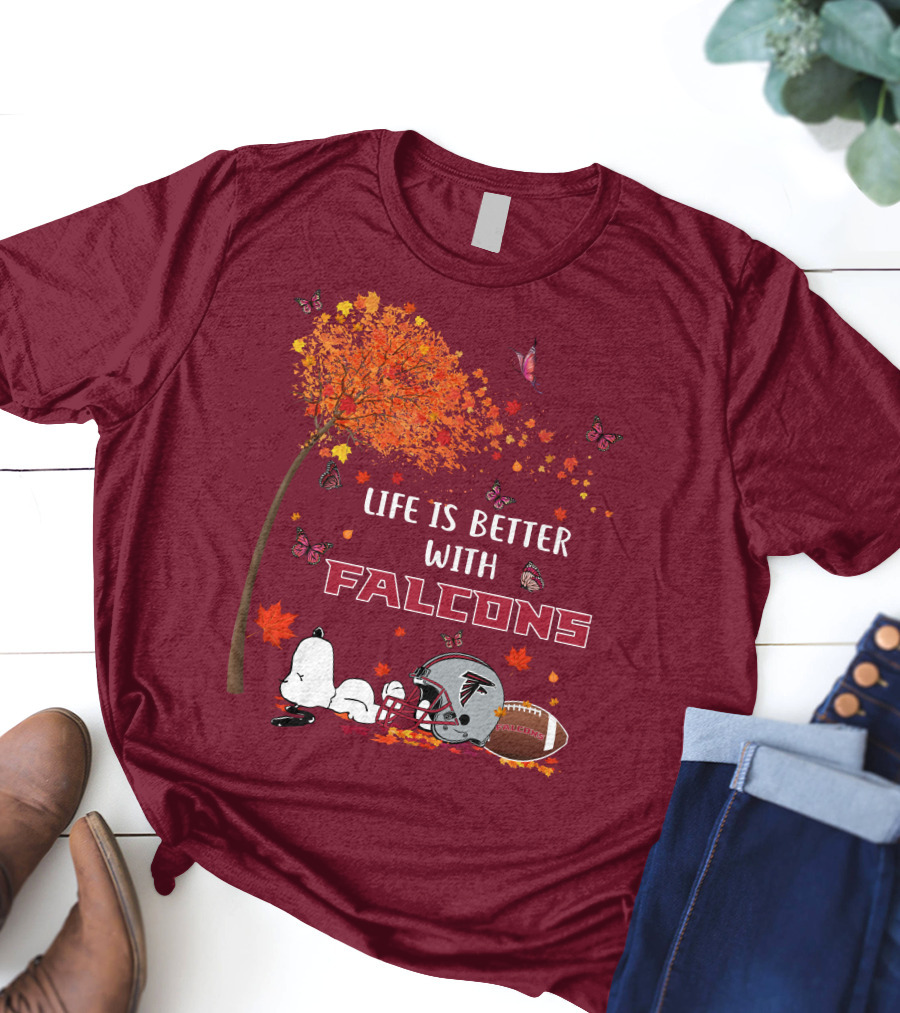 Life Is Better With Falcons Autumn Leaves Helmet Football Snoopy T-Shirt