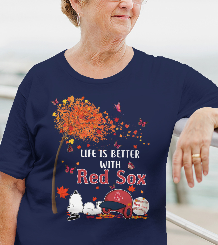 Life Is Better With Red Sox Tree Butterflies Baseball T-Shirt