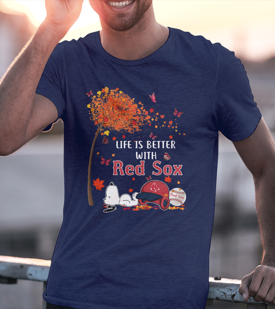 Life Is Better With Red Sox Tree Butterflies Baseball T-Shirt
