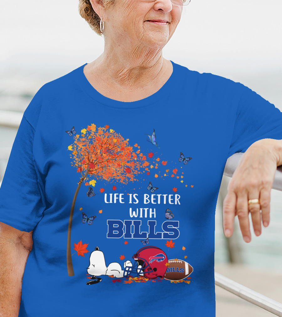 Life Is Better With Bills Buffalo Helmet And Football Under Autumn Tree With Snoopy And Butterflies T-Shirt
