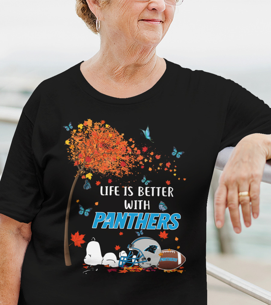 Life Is Better With Panthers Carolina Football Helmet And Autumn Leaves T-Shirt