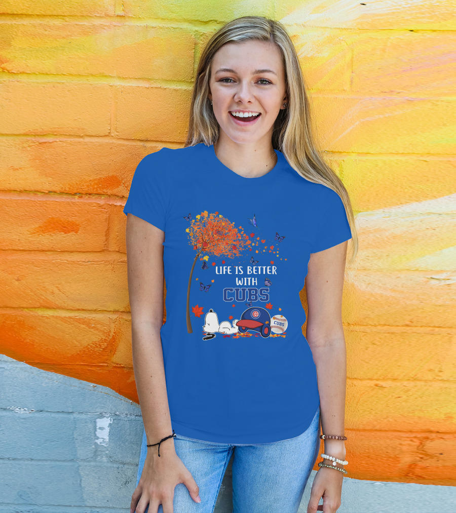 Life Is Better With Cubs Autumn Tree Baseball Hat And Ball T-Shirt