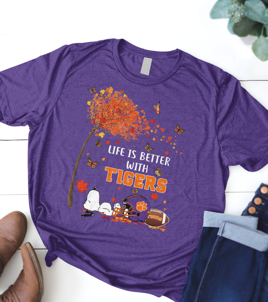 Life Is Better With Tigers Autumn Tree Snoopy Football Helmet Butterflies T-Shirt