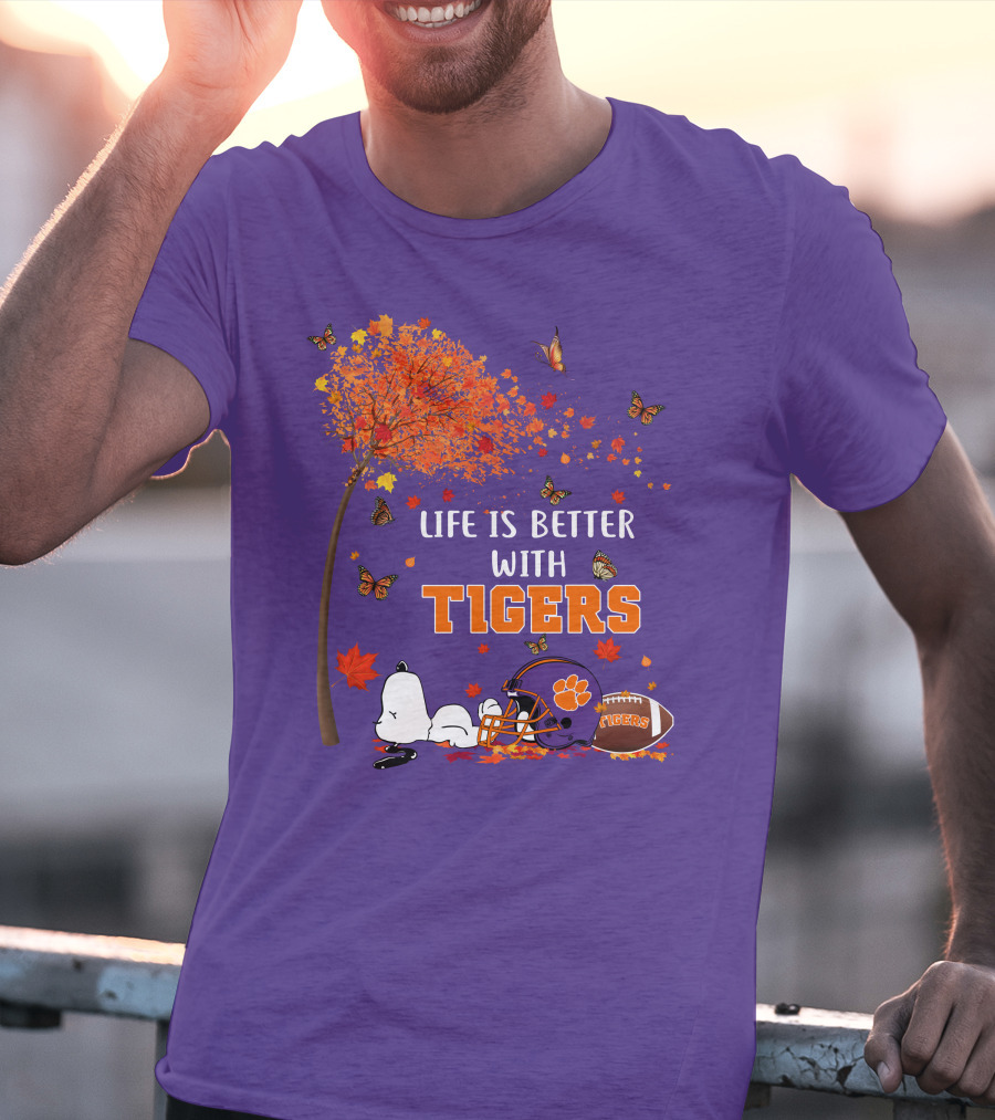 Life Is Better With Tigers Autumn Tree Snoopy Football Helmet Butterflies T-Shirt