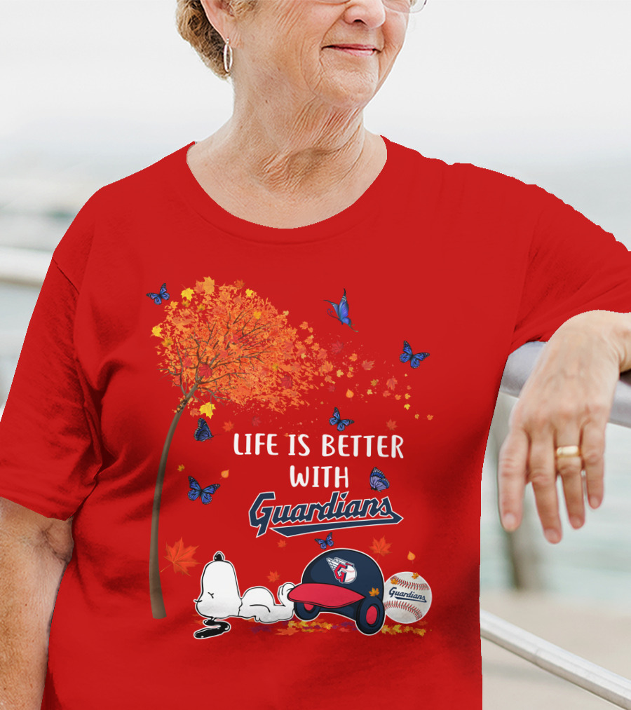 Life Is Better With Guardians Cleveland Guardians Baseball Autumn Tree Snoopy And Butterflies T-Shirt