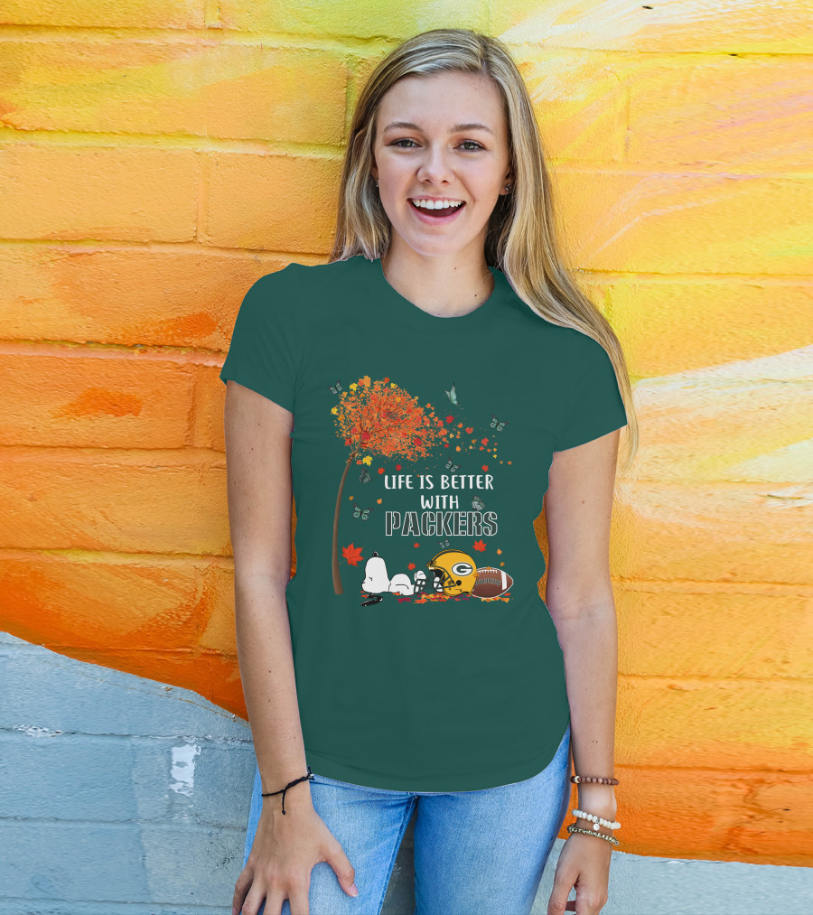 Life Is Better With Packers Green Bay Football Autumn Snoopy Leaves T-Shirt