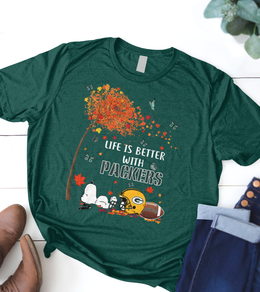 Life Is Better With Packers Green Bay Football Autumn Snoopy Leaves T-Shirt