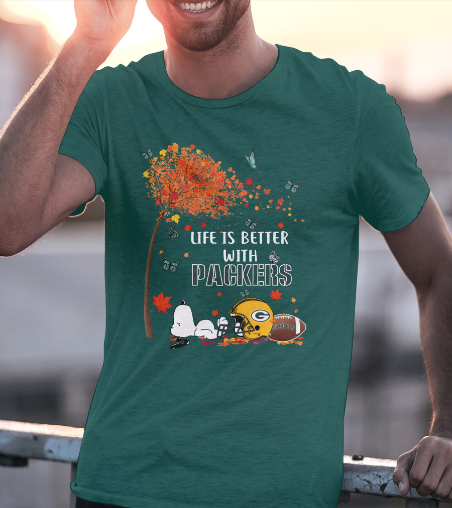 Life Is Better With Packers Green Bay Football Autumn Snoopy Leaves T-Shirt