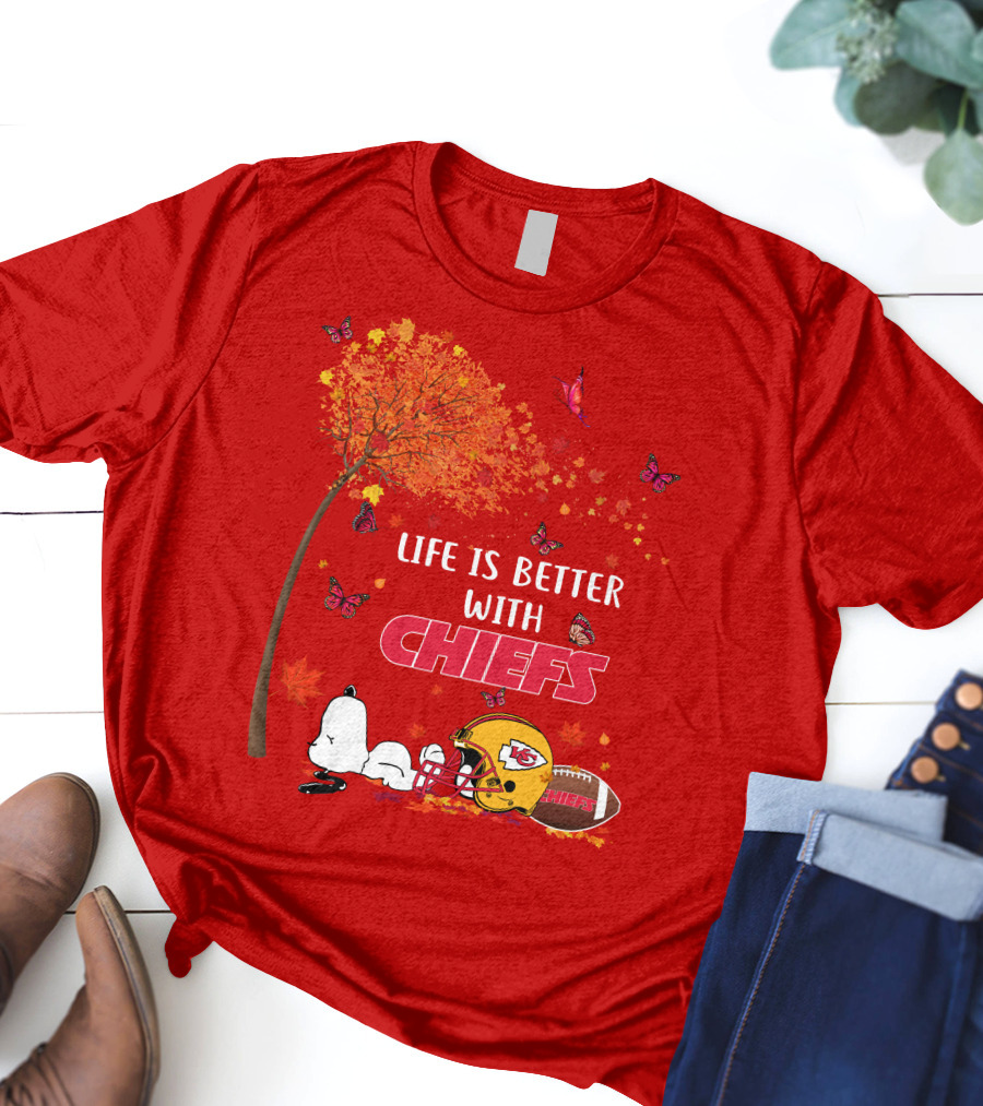 Life Is Better With Chiefs Fall Football Theme Snoopy And Butterflies T-Shirt