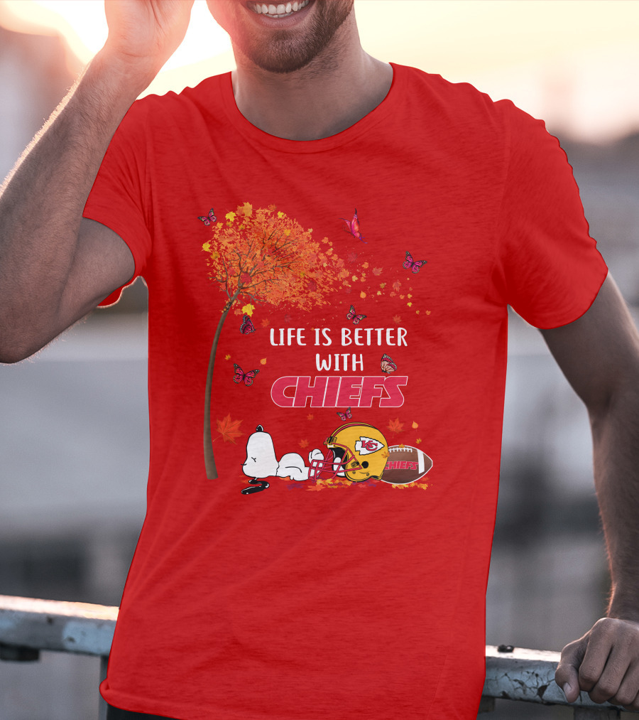 Life Is Better With Chiefs Fall Football Theme Snoopy And Butterflies T-Shirt