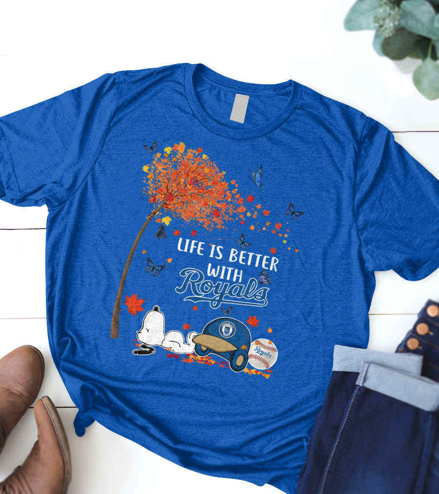 Life Is Better With Royals Baseball Helmet Autumn Leaves Snoopy And Butterfly T-Shirt