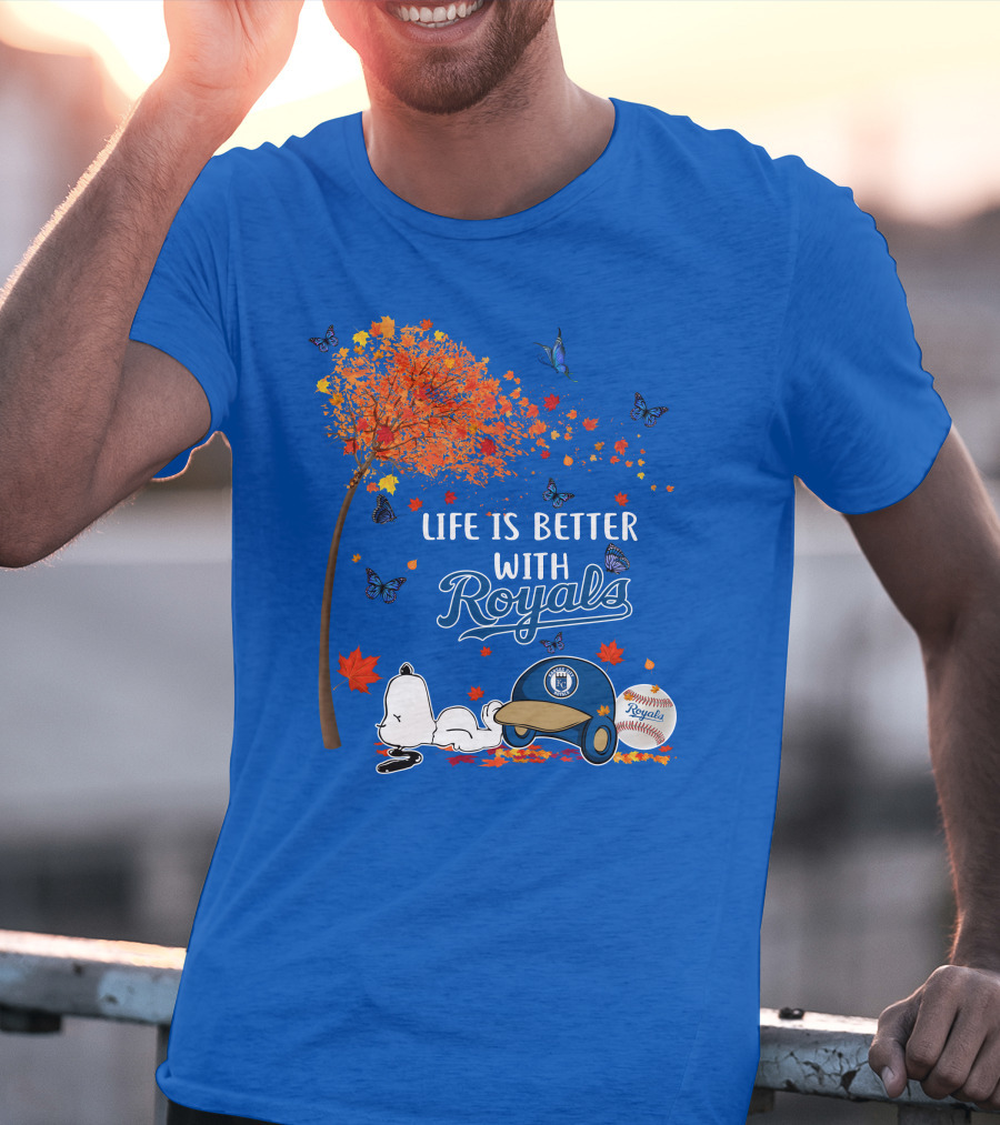 Life Is Better With Royals Baseball Helmet Autumn Leaves Snoopy And Butterfly T-Shirt