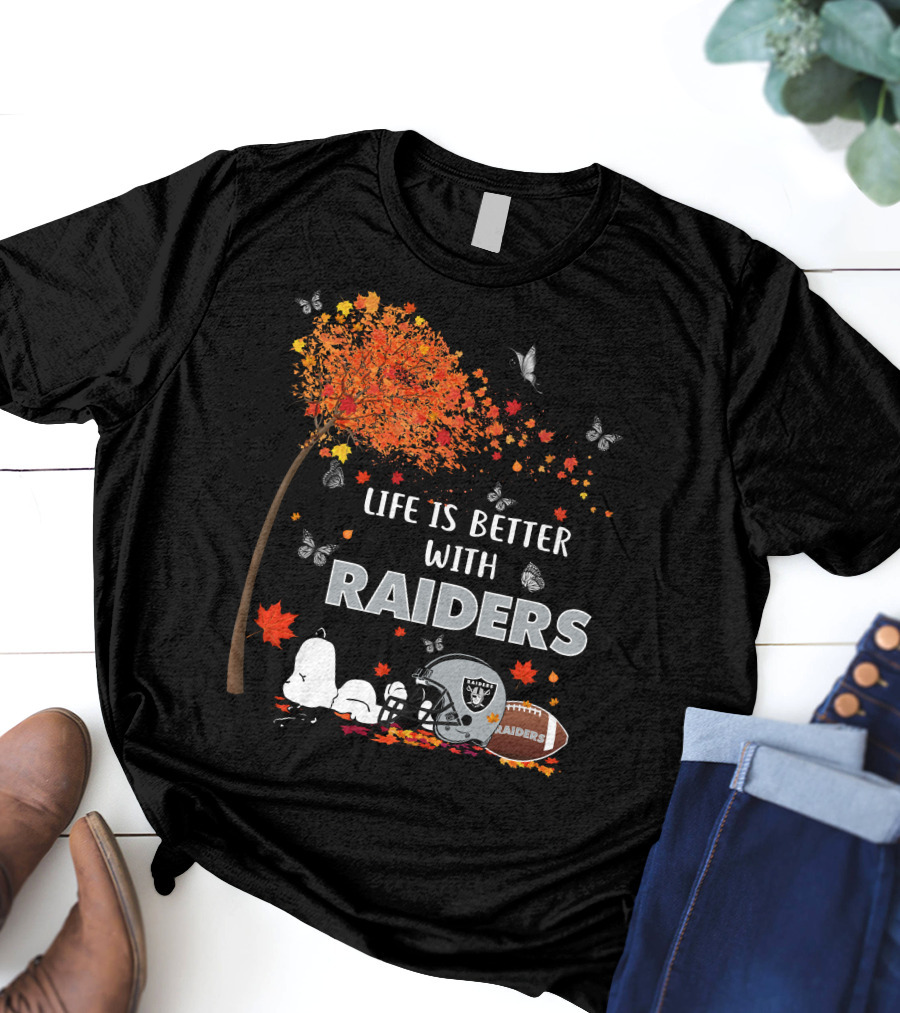Life Is Better With Raiders Autumn Leaves And Snoopy Under Tree With Butterfly And Football Helmet T-Shirt