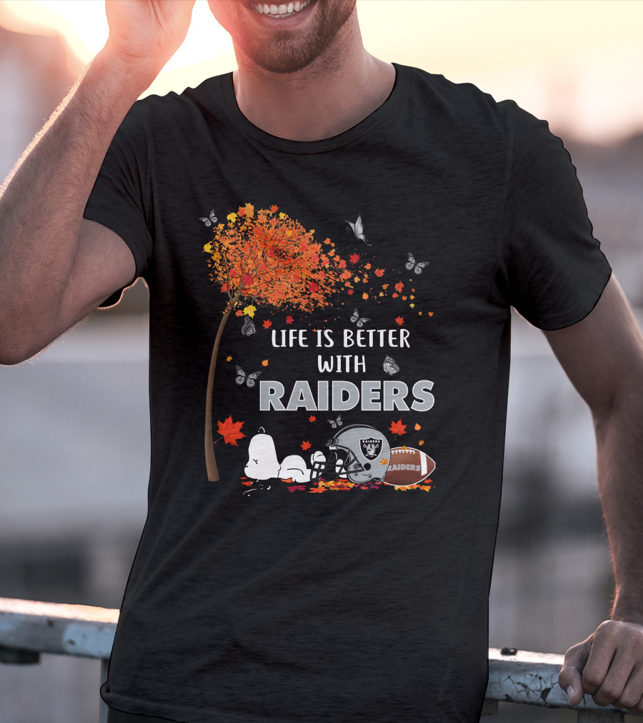 Life Is Better With Raiders Autumn Leaves And Snoopy Under Tree With Butterfly And Football Helmet T-Shirt