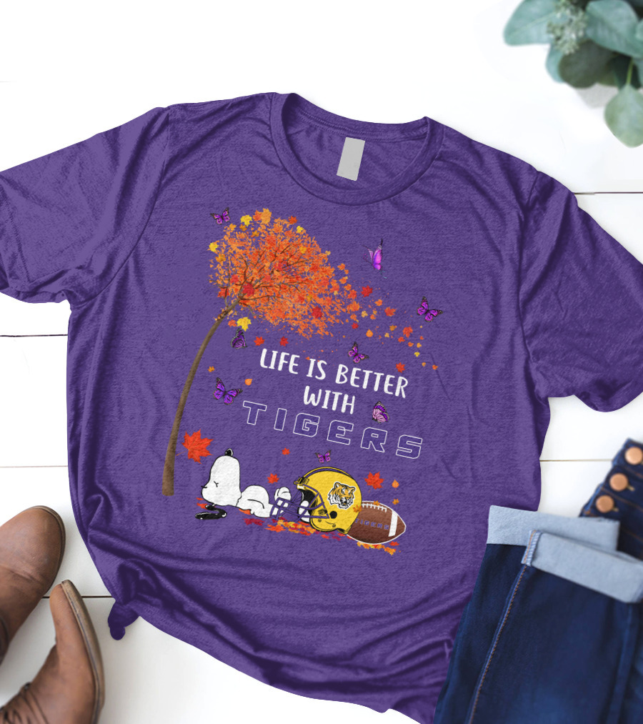 Life Is Better With Tigers Football Leaves Butterflies Helmet T-Shirt