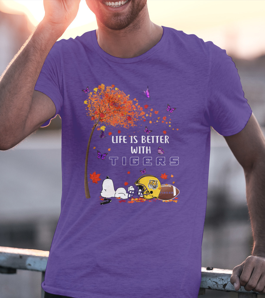 Life Is Better With Tigers Football Leaves Butterflies Helmet T-Shirt