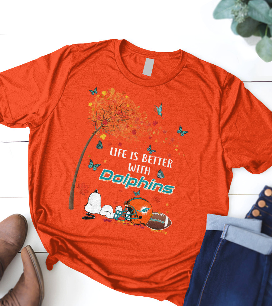 Life Is Better With Dolphins Miami Football Autumn Tree Snoopy Butterflies T-Shirt