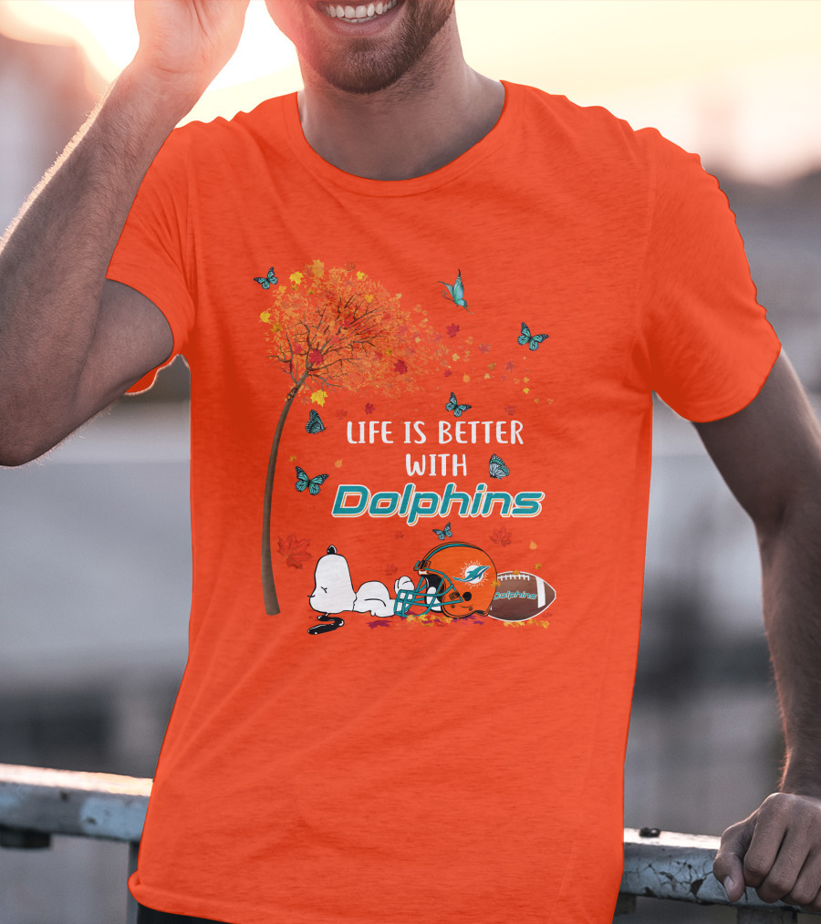 Life Is Better With Dolphins Miami Football Autumn Tree Snoopy Butterflies T-Shirt