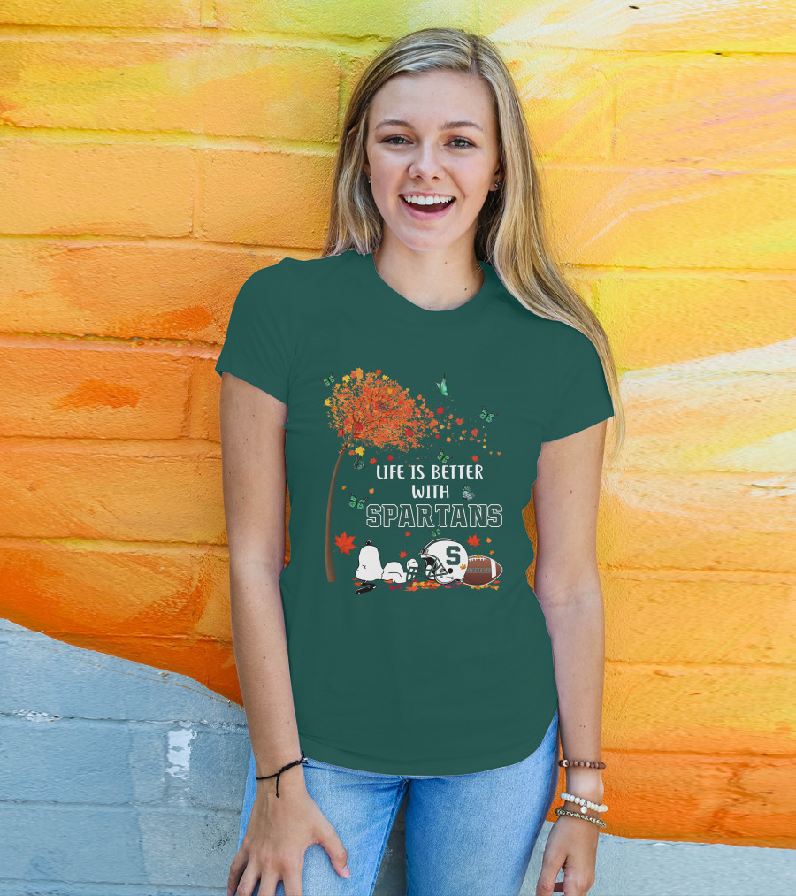 Life Is Better With Spartans Michigan State Football Autumn Leaves Butterflies T-Shirt