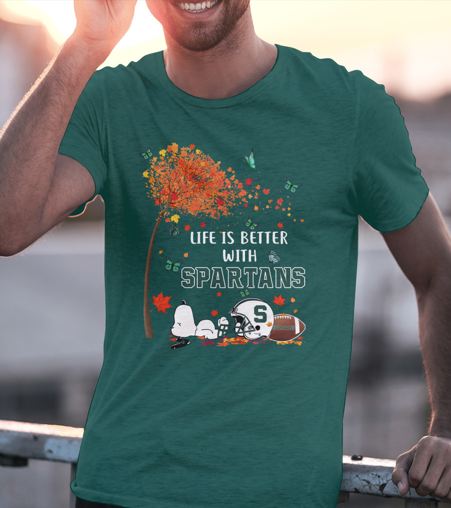 Life Is Better With Spartans Michigan State Football Autumn Leaves Butterflies T-Shirt