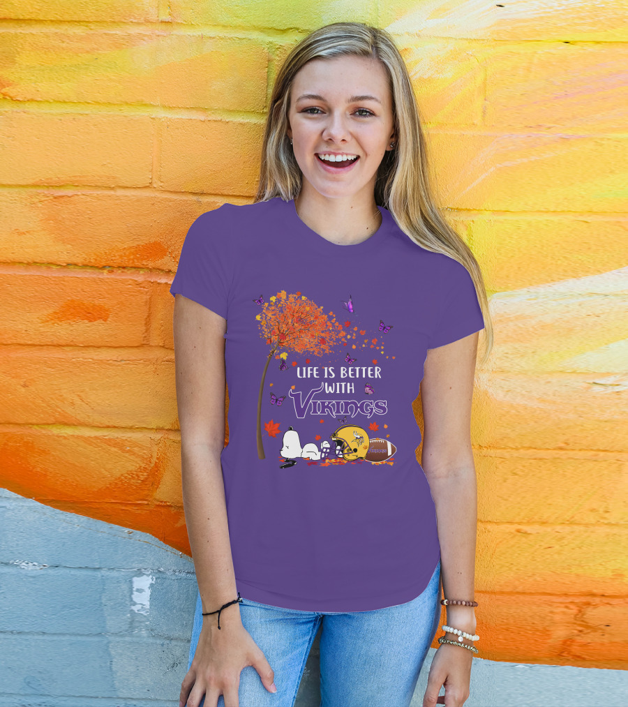 Life Is Better With Vikings Football And Autumn Leaves T-Shirt
