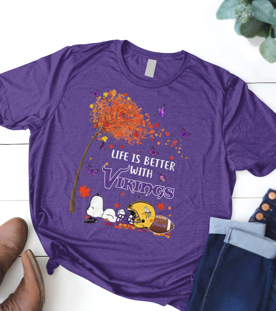 Life Is Better With Vikings Football And Autumn Leaves T-Shirt