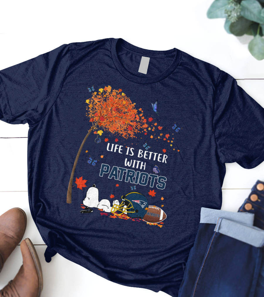 Life Is Better With Patriots New England Football Autumn Tree Butterfly T-Shirt