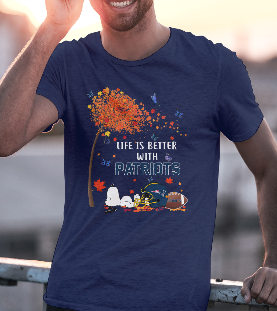 Life Is Better With Patriots New England Football Autumn Tree Butterfly T-Shirt