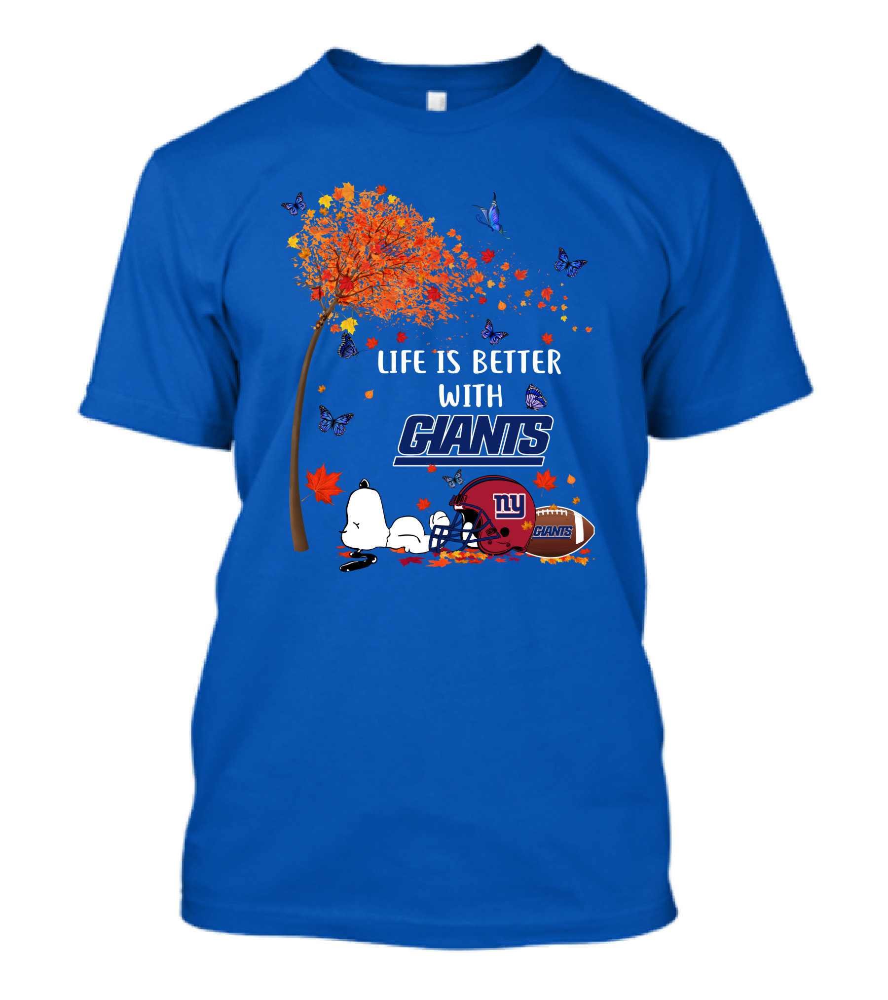 Life Is Better With Giants New York Giants Football Autumn Leaves Snoopy Butterflies T-Shirt