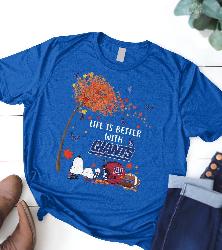 Life Is Better With Giants New York Giants Football Autumn Leaves Snoopy Butterflies T-Shirt