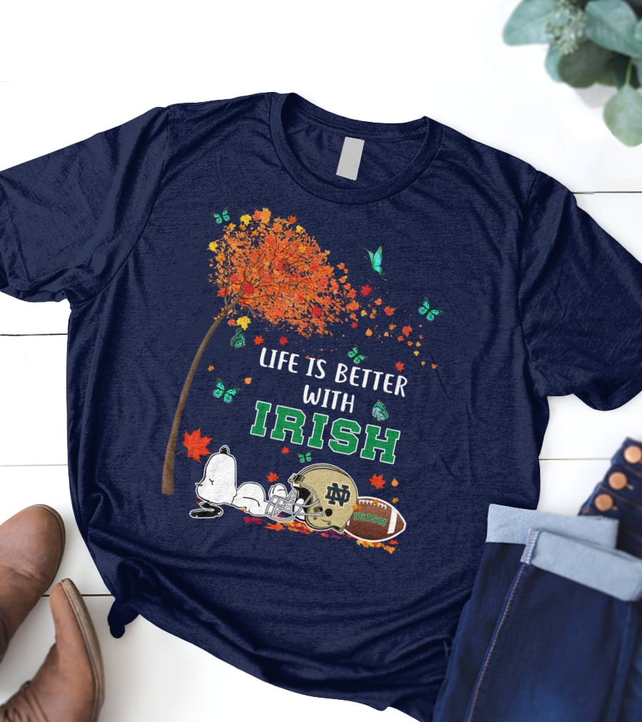 Life Is Better With Irish Autumn Leaves Football Helmet Snoopy Notre Dame T-Shirt