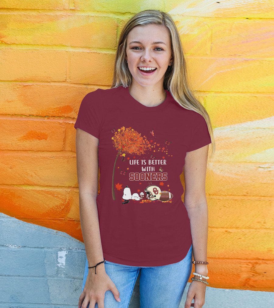 Life Is Better With Sooners Football Autumn Leaves And Butterflies T-Shirt