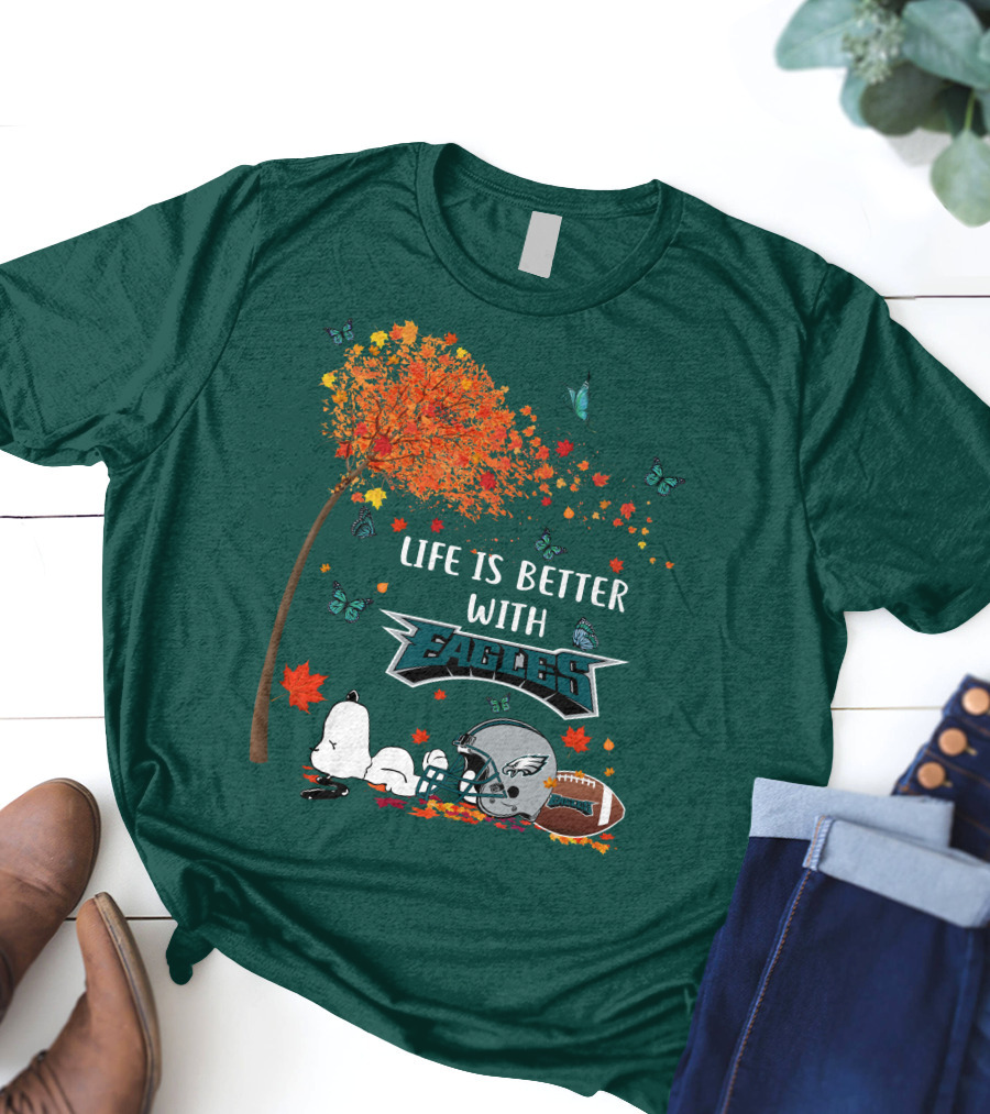 Life Is Better With Eagles Football Autumn Leaves And Butterflies T-Shirt