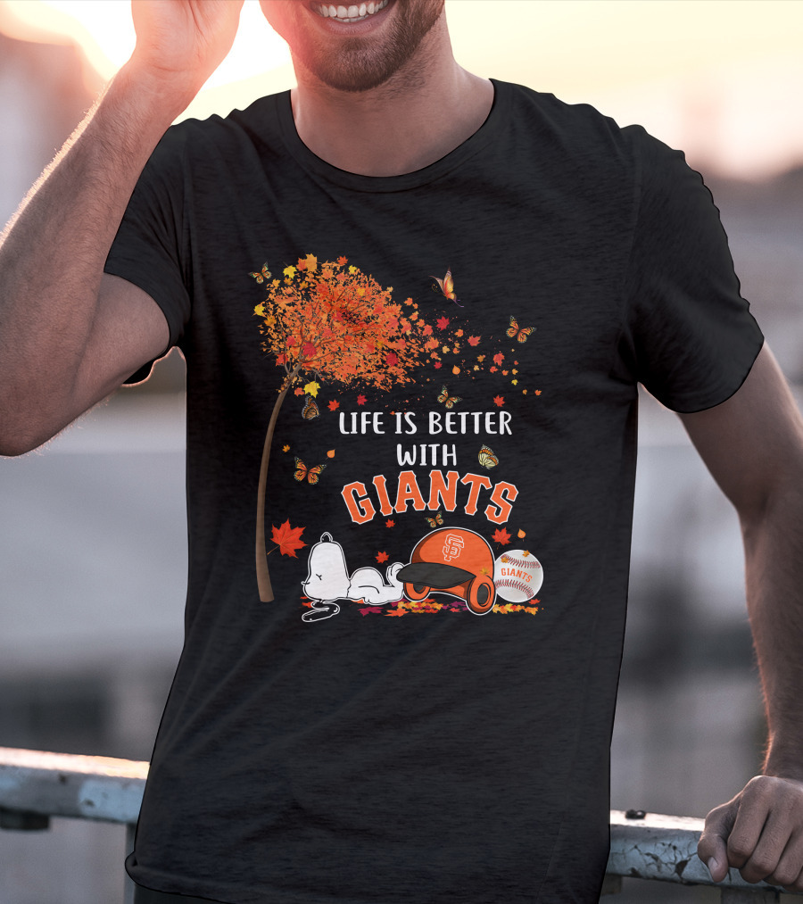 Life Is Better With Giants Snoopy Fall Leaves Baseball Cap T-Shirt