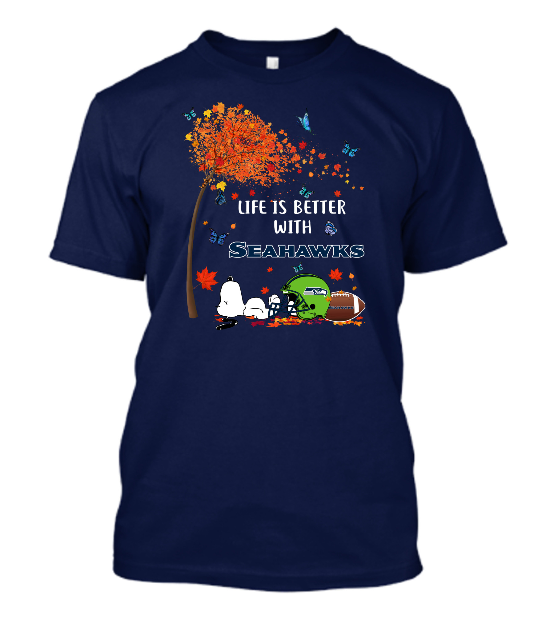 Life Is Better With Seattle Seahawks Autumn Leaves Football Helmet Snoopy And Woodstock T-Shirt