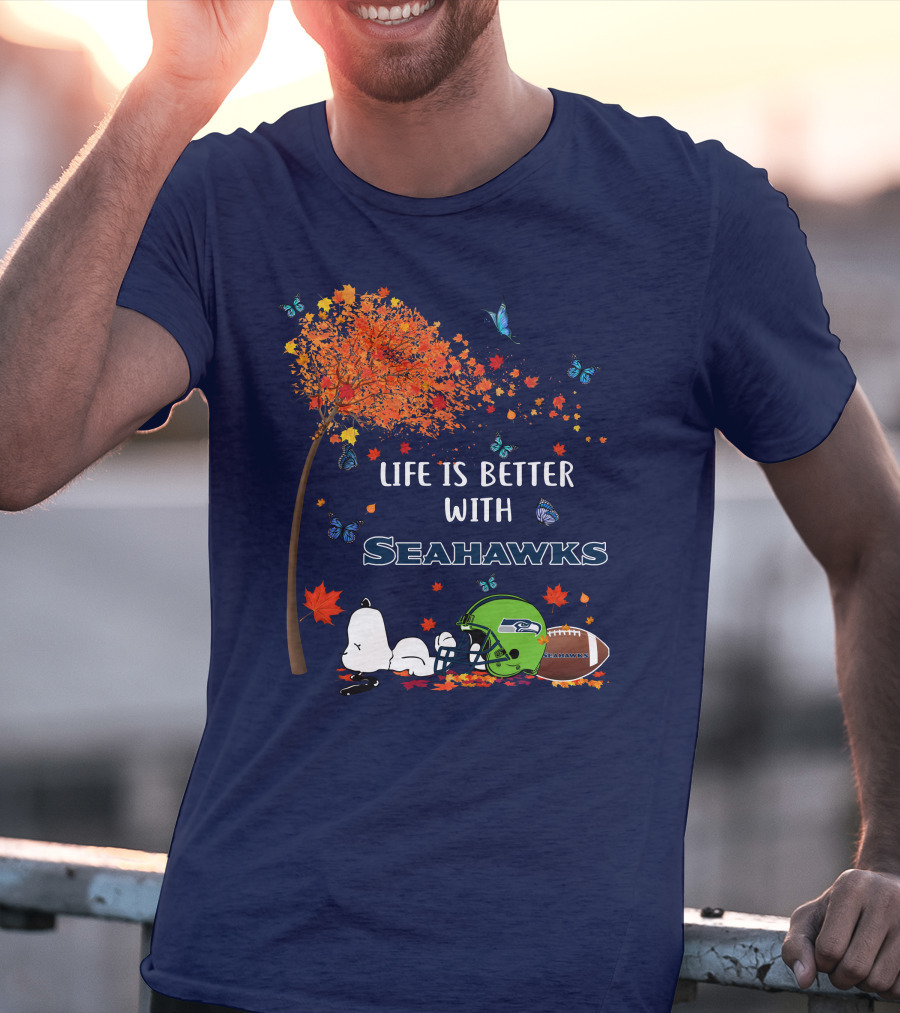 Life Is Better With Seattle Seahawks Autumn Leaves Football Helmet Snoopy And Woodstock T-Shirt