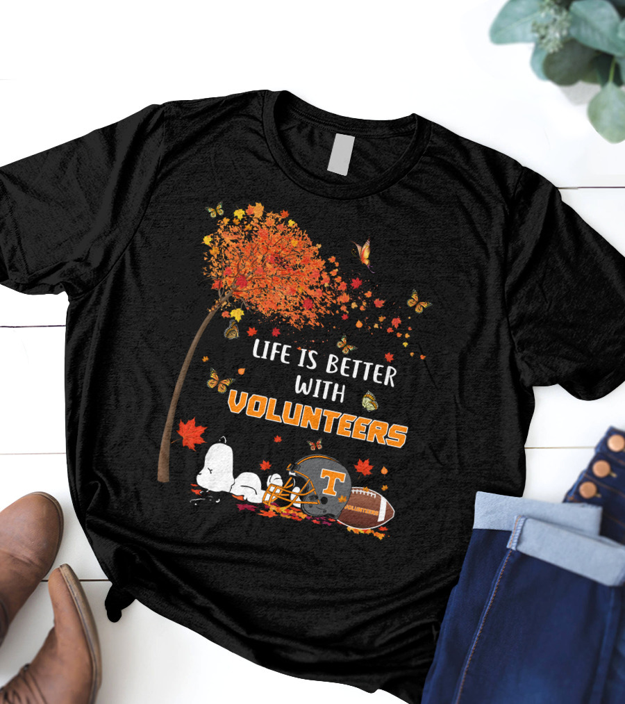 Life Is Better With Volunteers Tennessee Football Autumn Leaves And Butterflies T-Shirt