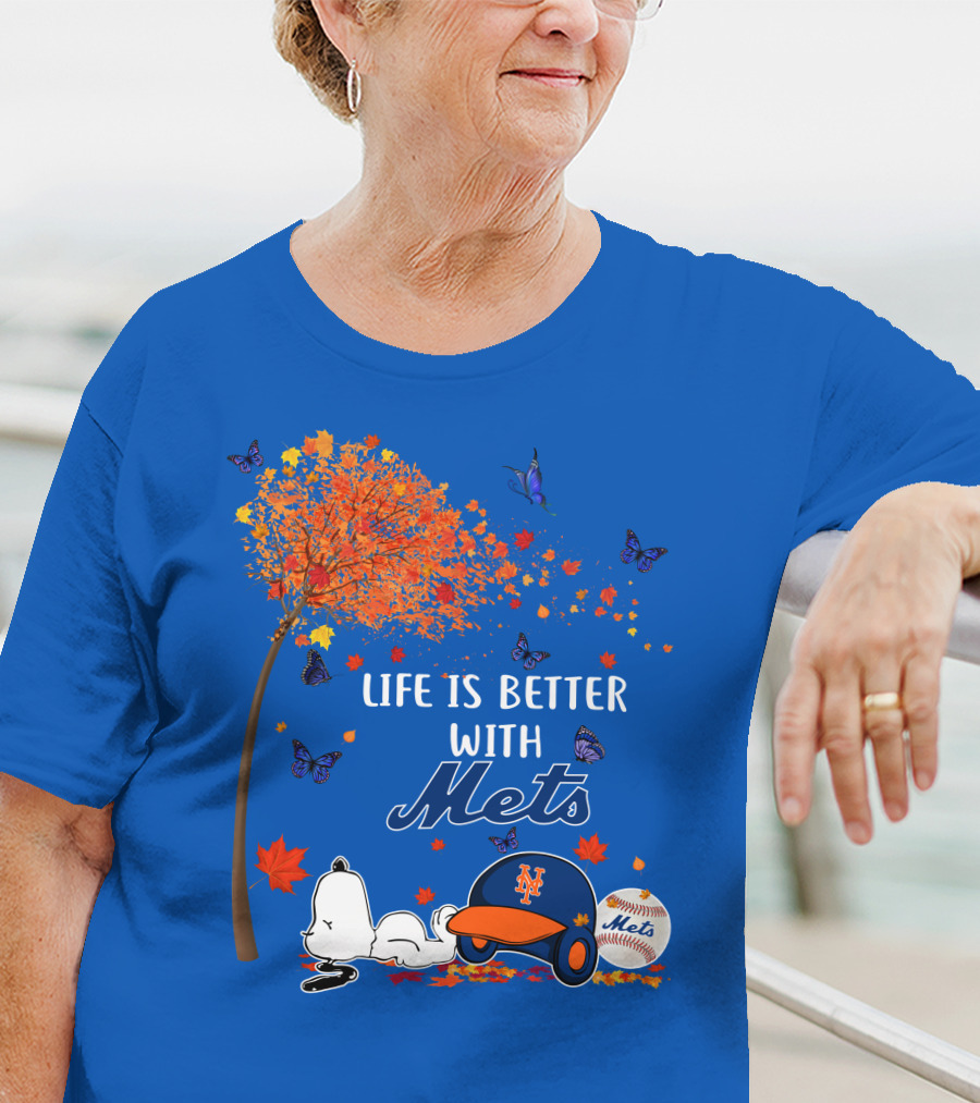 Life Is Better With Mets Autumn Baseball Joy And Cartoon Charm T-Shirt