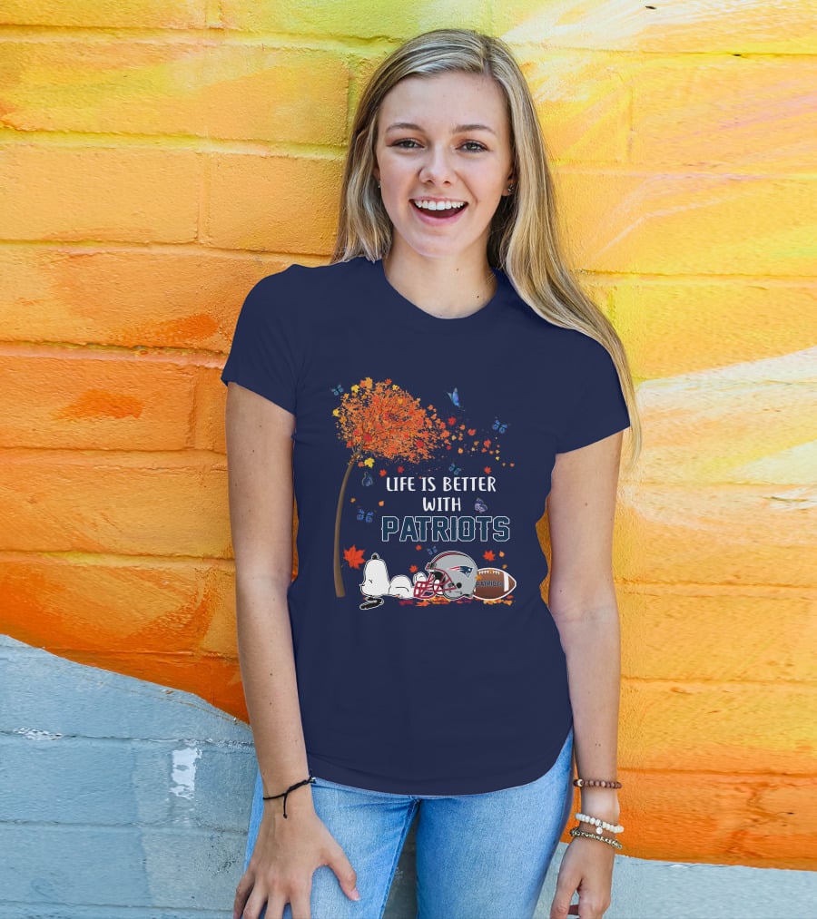 Life Is Better With Patriots New England Football Autumn Leaves And Snoopy T-Shirt