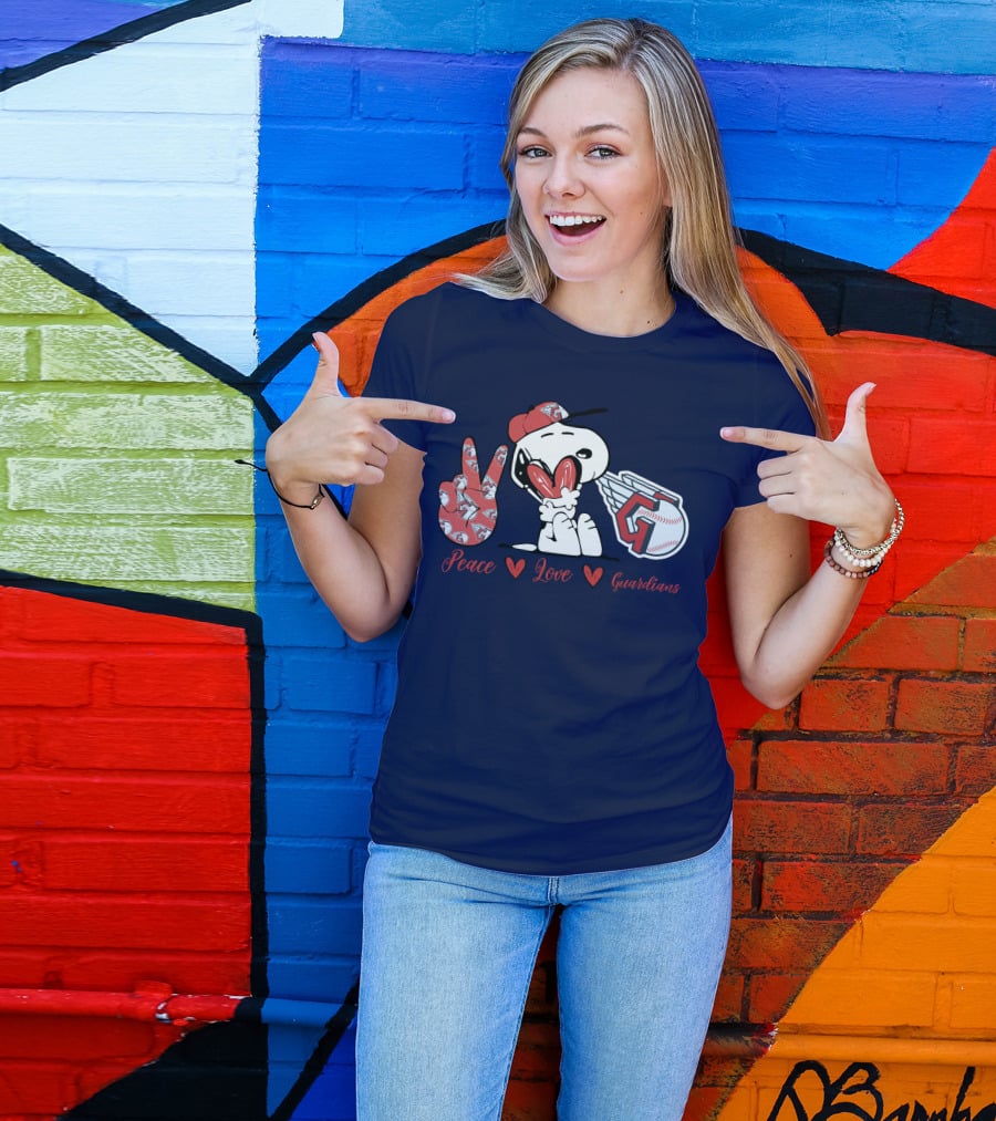 Snoopy Peace Love Cleveland Guardians Baseball Iconic Imagery With Red Heart And Cap T-Shirt