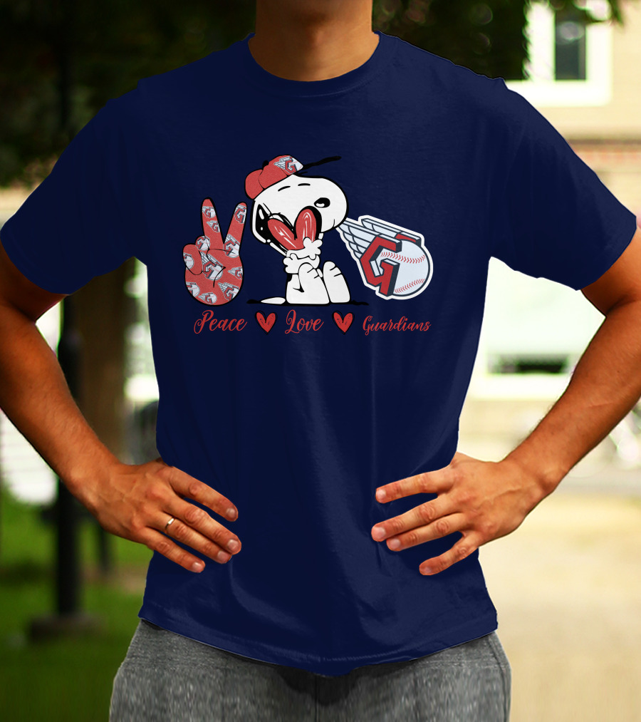 Snoopy Peace Love Cleveland Guardians Baseball Iconic Imagery With Red Heart And Cap T-Shirt