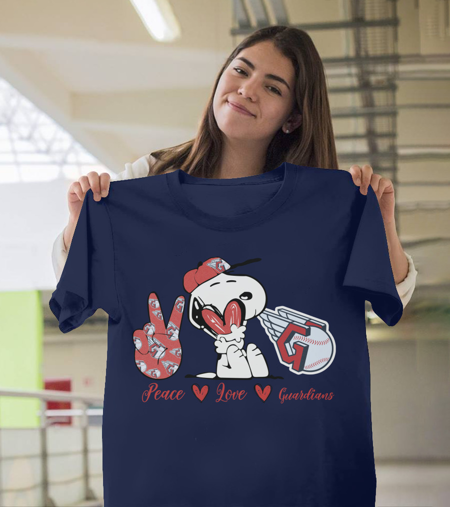 Snoopy Peace Love Cleveland Guardians Baseball Iconic Imagery With Red Heart And Cap T-Shirt