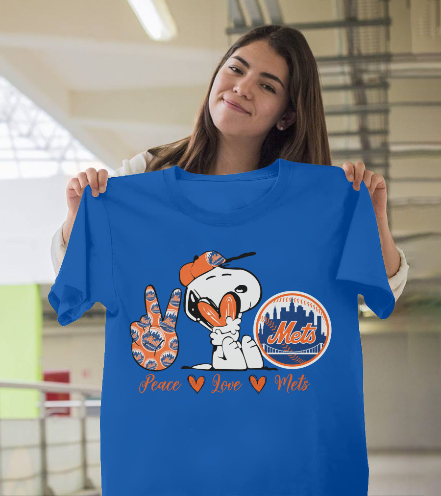 Snoopy Peace Love Mets New York City Skyline Baseball T-Shirt
