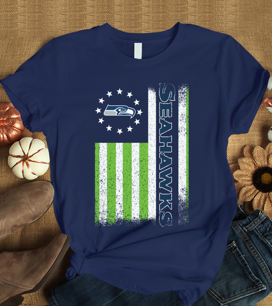 Seattle Seahawks American Flag Green Stripes 12 Stars T-Shirt