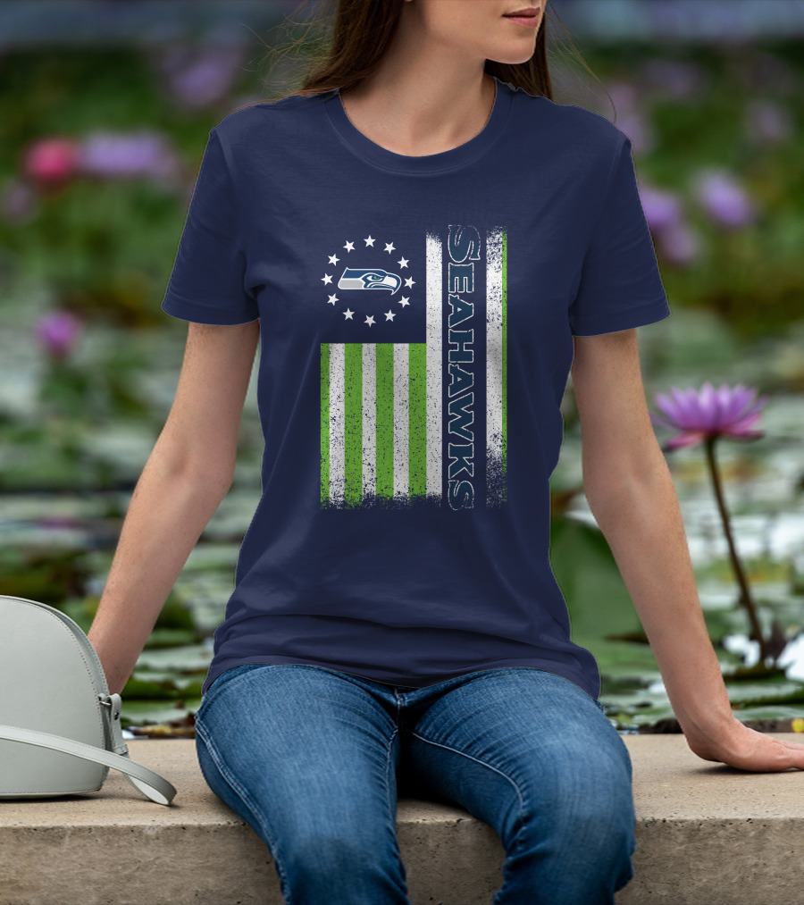 Seattle Seahawks American Flag Green Stripes 12 Stars T-Shirt