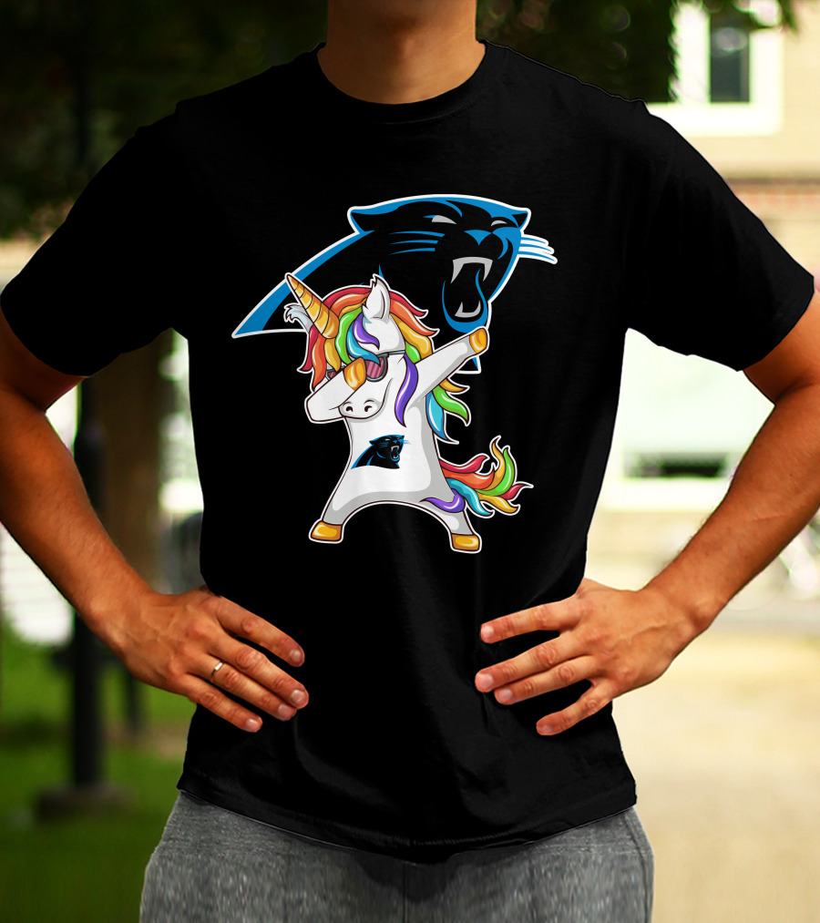 Carolina Panthers Unicorn Dabbing With Team Logo And Rainbow Mane T-Shirt